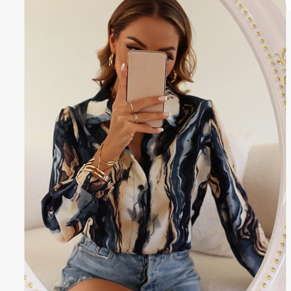 SHEIN Women's Scarf Print Long Sleeve Button Front Blouse Retro top